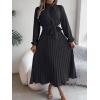 meilun Stand-up Collar Long-Sleeve Midi Dress with Tie-Waist and Pleats Versatile Casual Dress(Black)