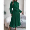 meilun Stand-up Collar Long-Sleeve Midi Dress with Tie-Waist and Pleats Versatile Casual Dress(Green)