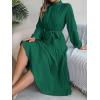 meilun Stand-up Collar Long-Sleeve Midi Dress with Tie-Waist and Pleats Versatile Casual Dress(Green)