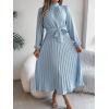 meilun Stand-up Collar Long-Sleeve Midi Dress with Tie-Waist and Pleats Versatile Casual Dress(Iceblue)