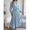meilun Stand-up Collar Long-Sleeve Midi Dress with Tie-Waist and Pleats Versatile Casual Dress(Iceblue)