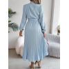 meilun Stand-up Collar Long-Sleeve Midi Dress with Tie-Waist and Pleats Versatile Casual Dress(Iceblue)