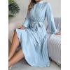 meilun Stand-up Collar Long-Sleeve Midi Dress with Tie-Waist and Pleats Versatile Casual Dress(Iceblue)