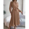 meilun Stand-up Collar Long-Sleeve Midi Dress with Tie-Waist and Pleats Versatile Casual Dress(Khaki)