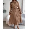 meilun Stand-up Collar Long-Sleeve Midi Dress with Tie-Waist and Pleats Versatile Casual Dress(Khaki)