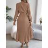 meilun Stand-up Collar Long-Sleeve Midi Dress with Tie-Waist and Pleats Versatile Casual Dress(Khaki)