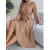 meilun Stand-up Collar Long-Sleeve Midi Dress with Tie-Waist and Pleats Versatile Casual Dress(Khaki)