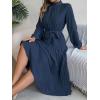 meilun Stand-up Collar Long-Sleeve Midi Dress with Tie-Waist and Pleats Versatile Casual Dress(Navy)