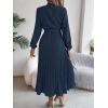 meilun Stand-up Collar Long-Sleeve Midi Dress with Tie-Waist and Pleats Versatile Casual Dress(Navy)