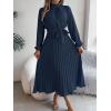 meilun Stand-up Collar Long-Sleeve Midi Dress with Tie-Waist and Pleats Versatile Casual Dress(Navy)