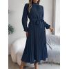 meilun Stand-up Collar Long-Sleeve Midi Dress with Tie-Waist and Pleats Versatile Casual Dress(Navy)