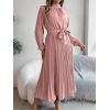 meilun Stand-up Collar Long-Sleeve Midi Dress with Tie-Waist and Pleats Versatile Casual Dress(Pink)