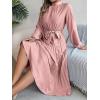 meilun Stand-up Collar Long-Sleeve Midi Dress with Tie-Waist and Pleats Versatile Casual Dress(Pink)