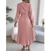 meilun Stand-up Collar Long-Sleeve Midi Dress with Tie-Waist and Pleats Versatile Casual Dress(Pink)