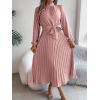 meilun Stand-up Collar Long-Sleeve Midi Dress with Tie-Waist and Pleats Versatile Casual Dress(Pink)