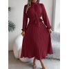 meilun Stand-up Collar Long-Sleeve Midi Dress with Tie-Waist and Pleats Versatile Casual Dress(Wine)