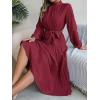 meilun Stand-up Collar Long-Sleeve Midi Dress with Tie-Waist and Pleats Versatile Casual Dress(Wine)