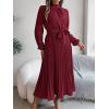 meilun Stand-up Collar Long-Sleeve Midi Dress with Tie-Waist and Pleats Versatile Casual Dress(Wine)