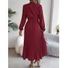 meilun Stand-up Collar Long-Sleeve Midi Dress with Tie-Waist and Pleats Versatile Casual Dress(Wine)