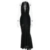 meilun Tie Pleated Maxi Dress Deep V Neck Backless Hip Embroidered Dresses Holiday Seaside Party(Black)
