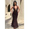 meilun Tie Pleated Maxi Dress Deep V Neck Backless Hip Embroidered Dresses Holiday Seaside Party(Brown)
