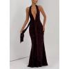 meilun Tie Pleated Maxi Dress Deep V Neck Backless Hip Embroidered Dresses Holiday Seaside Party(Brown)