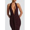 meilun Tie Pleated Maxi Dress Deep V Neck Backless Hip Embroidered Dresses Holiday Seaside Party(Brown)