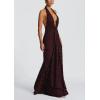 meilun Tie Pleated Maxi Dress Deep V Neck Backless Hip Embroidered Dresses Holiday Seaside Party(Brown)