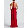 meilun Tie Pleated Maxi Dress Deep V Neck Backless Hip Embroidered Dresses Holiday Seaside Party(Red)