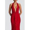 meilun Tie Pleated Maxi Dress Deep V Neck Backless Hip Embroidered Dresses Holiday Seaside Party(Red)