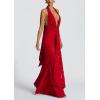 meilun Tie Pleated Maxi Dress Deep V Neck Backless Hip Embroidered Dresses Holiday Seaside Party(Red)