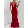 meilun Tie Pleated Maxi Dress Deep V Neck Backless Hip Embroidered Dresses Holiday Seaside Party(Red)