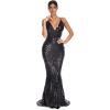 meilun Womens Deep V Elegant Striped Backless Dresses Sequin Bodycon Maxi Party Reflective Dress(Black)