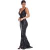 meilun Womens Deep V Elegant Striped Backless Dresses Sequin Bodycon Maxi Party Reflective Dress(Black)