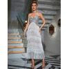 meilun Women’s Strapless V Neck Sequin Midi Dress Tassel Fringe Prom Evening Party Dress(As Shown)