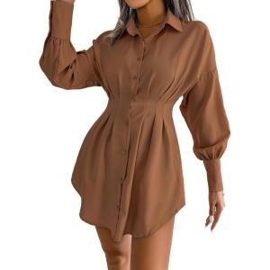 Casual Lantern Sleeve Shirt Dress with Cinched Waist and Asymmetrical Dresses(Khaki)