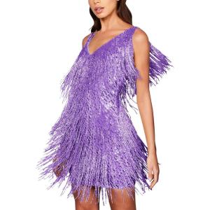 Cocktail Dresses Flapper Dresses 1920s Gatsby with All-Over Sequin Fringe Mini Dresses Prom Party Dress(J-purple)