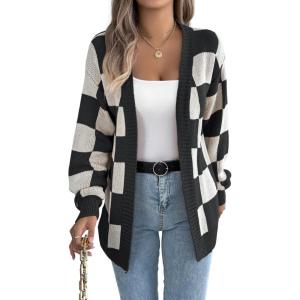 Contrast-Color Checkered Lantern Sleeve Cardigan Sweater Mid-Length Coat(Black)