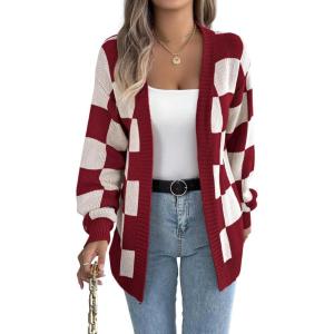 Contrast-Color Checkered Lantern Sleeve Cardigan Sweater Mid-Length Coat(Wine)
