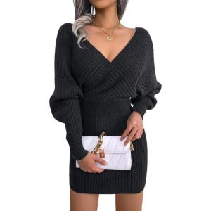 Cross-Front Deep V-Neck Batwing Skirt Fitted Wool Dress for Fall/Winter Banquets(Black)