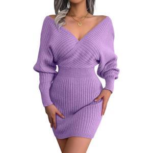 Cross-Front Deep V-Neck Batwing Skirt Fitted Wool Dress for Fall/Winter Banquets(Purple)