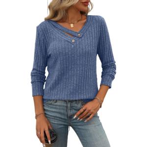 Knitted Top with Long Sleeves and Button Design, Solid Color V-Neck for Women(Blue)