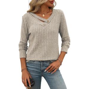 Knitted Top with Long Sleeves and Button Design, Solid Color V-Neck for Women(Coffee)