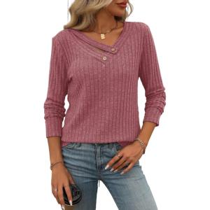 Knitted Top with Long Sleeves and Button Design, Solid Color V-Neck for Women(Red)