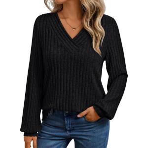 Long-Sleeve V-Neck Ribbed Brushed Knit Base Layer Sweatshirt Casual Pullover Top for Fall/Winter(Black)