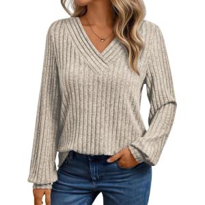 Long-Sleeve V-Neck Ribbed Brushed Knit Base Layer Sweatshirt Casual Pullover Top for Fall/Winter(Coffee)