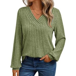Long-Sleeve V-Neck Ribbed Brushed Knit Base Layer Sweatshirt Casual Pullover Top for Fall/Winter(Green)