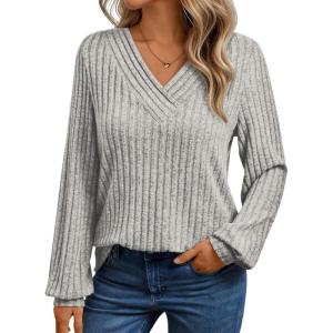 Long-Sleeve V-Neck Ribbed Brushed Knit Base Layer Sweatshirt Casual Pullover Top for Fall/Winter(Grey)