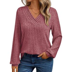 Long-Sleeve V-Neck Ribbed Brushed Knit Base Layer Sweatshirt Casual Pullover Top for Fall/Winter(Red)