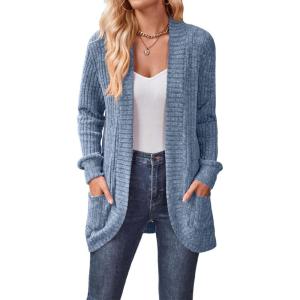 Long-Sleeved Cardigan Sweater Casual Solid-Color Fashionable Long-Length Slim-Fit Cardigan(Blue)